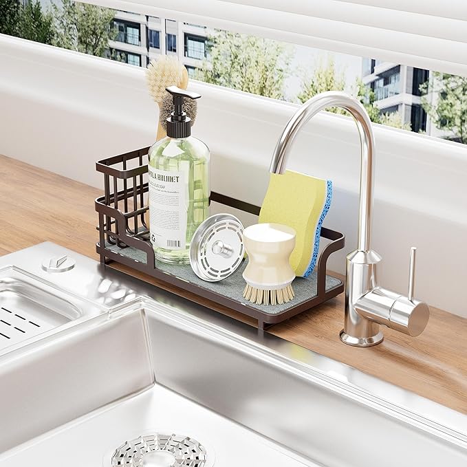 Consumest Sponge Holder for Kitchen Sink - Sink Caddy Organizer with Water Absorbing Stone Tray, Detachable Brush Holder, Stainless Steel Kitchen Counter Organizer Rack, Bronze