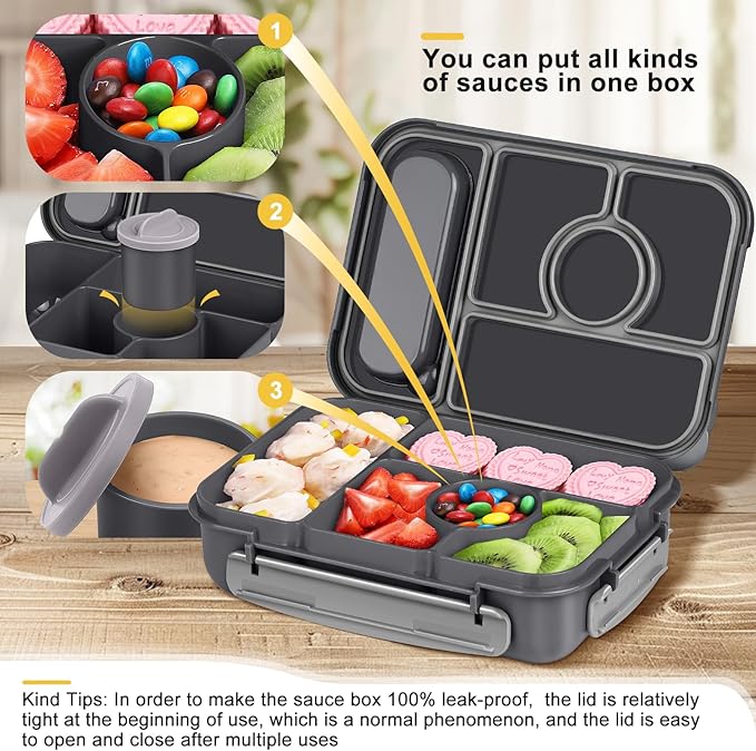 Amathley Bento Box Adult Lunch Box Kids,Lunch Containers for Adults/Kids/Toddler,5 Compartments Bento Lunch Box with Sauce Vontainers,Microwave & Dishwasher & Freezer Safe,BPA-Free (Dark Gray)