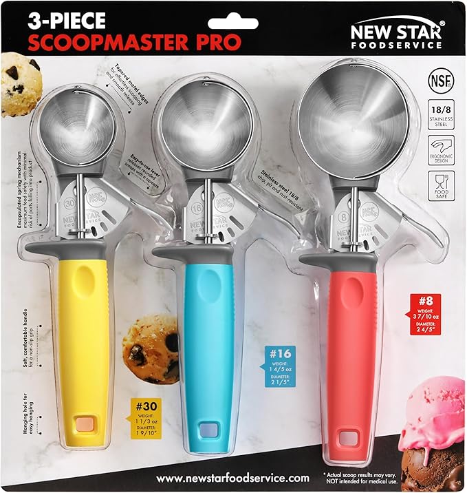 New New Star Foodservice Commercial-Grade Thumb Press Food Disher/Ice Cream Scoop, 3-Pack, #8 Red + #16 Blue + #30 Yellow, 18-8 Stainless Steel, NSF Certified