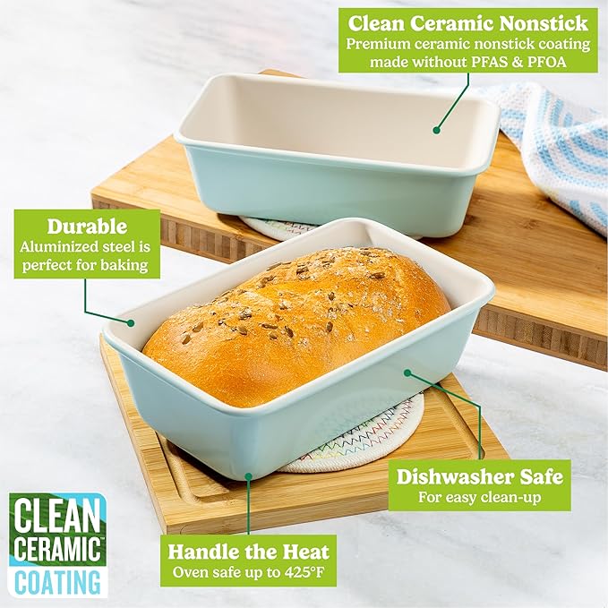 Tasty Clean Ceramic Loaf Pan Set, 2-Pack of 9-Inch x 5-Inch Cake Pans, Durable Aluminized Steel for Professional Results, Clean Ceramic Nonstick Coating, Oven Safe to 425°F, Dishwasher Safe, Aqua