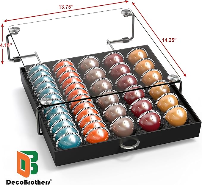 Deco Brothers Crystal Tempered Glass Vertuo Pod Holder Drawer, 30 Large or 60 Small Nespresso Capsule Organizer, Black