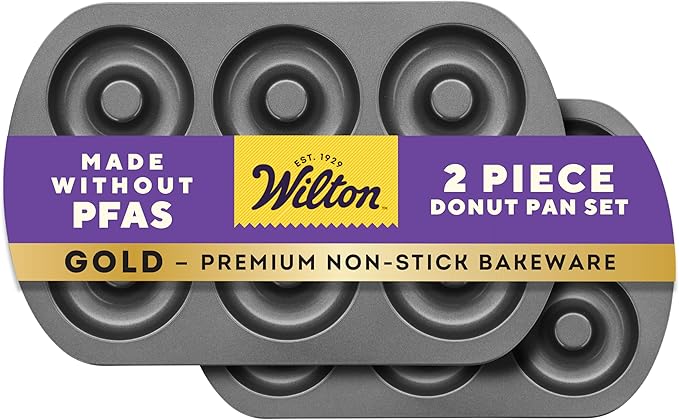 Wilton Gold Non-Stick Donut Pan Set - Quality Baking Pan - Dishwasher Safe & Scratch Resistant - Made Without PFAS - 12.5 x 8 x 1 Inch, 2-Piece Set