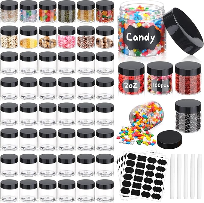 Mimorou 100 Pcs 2 oz Plastic Jars with Lids Wide Mouth Round Clear Containers with Black Label Pen Refillable Airtight Travel Storage Leak Proof Small Jars for Storing Dry Food Spice Cookie Candy