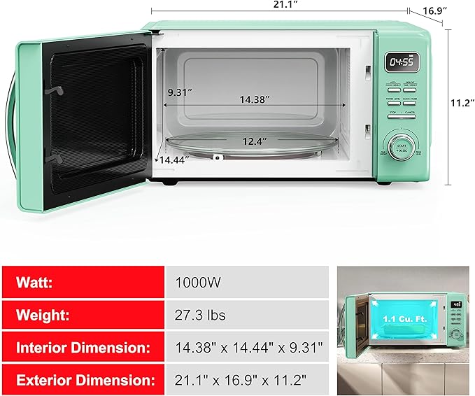 Galanz GLCMKZ11GNR10 Retro Countertop Microwave Oven with Auto Cook & Reheat, Defrost, Quick Start Functions, Easy Clean with Glass Turntable, Pull Handle, 1.1 cu ft, Green