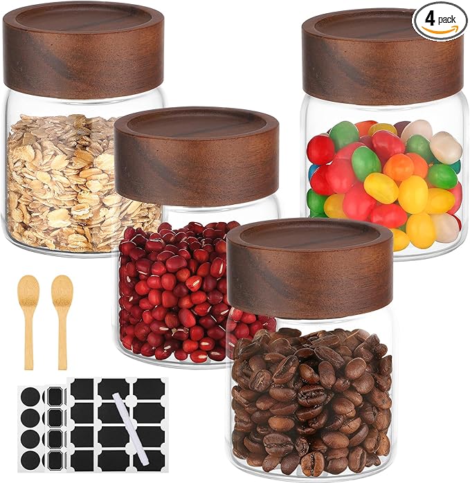 5oz Coffee Jars with Wood Lids, 4 Pack 160ml Clear Glass Storage Jars with Airtight Screw Lids, Empty Spice Bottles Food Storage Containers Meal Prep Canister for Salad, Sugar, Honey, Tea, Candy