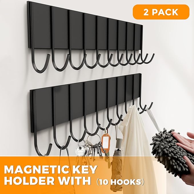 2Pcs Magnetic Key Holder For Fridge With 10 Hooks, Magnetic Utensil Holder For Wall, Strong Magnetic Key Hanger Hook Organizer, Magnent Key Rack For Kitchen Metal Door Grill Tool Coat Towel Purse