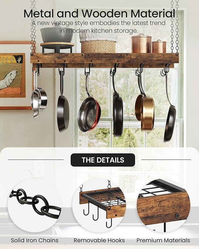 CHOEZON Hanging Pot Rack, Ceiling Wall Mounted Pot Rack for Kitchen, Industrial Style Pot Hanger with 18 Hooks, Cookware Storage Organizer, for Pots and Pans, Rustic Brown and Black TPR12BFC1