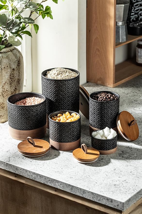 Miamolo Coffee Storage Containers with Lids, Ceramic Coffee Container Kitchen Jars with Airtight Lid for Candy Spice Sugar Tea Bag, Decorative Kitchen Canisters for Countertop, Black & 42 fl.oz