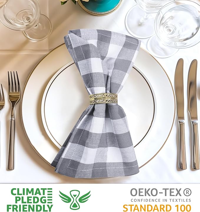 Urban Villa Cotton Dinner Napkins Set of 6, Highly Absorbent 20x20 Inches Premium Cloth Napkins Hotel Quality Reusable & Washable Table Dinner Napkins for Home & Weddings - Grey/White, Checks