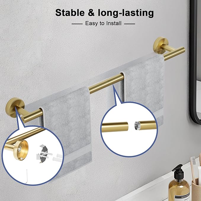 Brushed Gold Towel Bar, 30 Inch Towel Racks for Bathroom Wall Mounted, SUS304 Stainless Steel Bathroom Towel Holder, Total Length 32.4 Inch Towel Bars