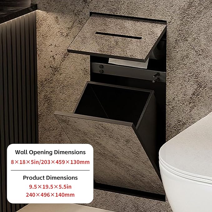 Recessed Bathroom Trash Can & Toilet Paper Holder Tile-Friendly Built-in Hidden Garbage Bin Stainless Steel Recessed Storage Cabinet Shower Nich for Toilet Bathroom Hotel,C