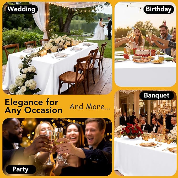 6-Pack White Tablecloths for Square Tables, 54 x 54 Inches, Stain-Resistant Polyester Fabric for 2 Foot Tables - Washable Table Covers for Weddings, Banquets, Birthday Parties, Events