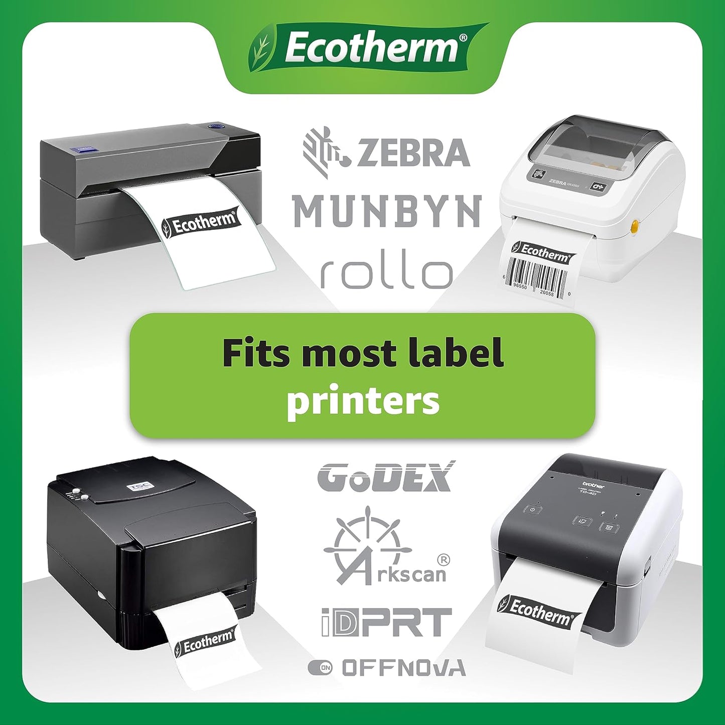 2.25" x 2.25" Thermal Labels | 4 Rolls | 2800 Labels | fits Zebra, Munbyn, Rollo, Godex, Arkscan, iDPRT, Offnova Thermal Label Printers and More | Blank White Adhesive Stickers by Ecotherm
