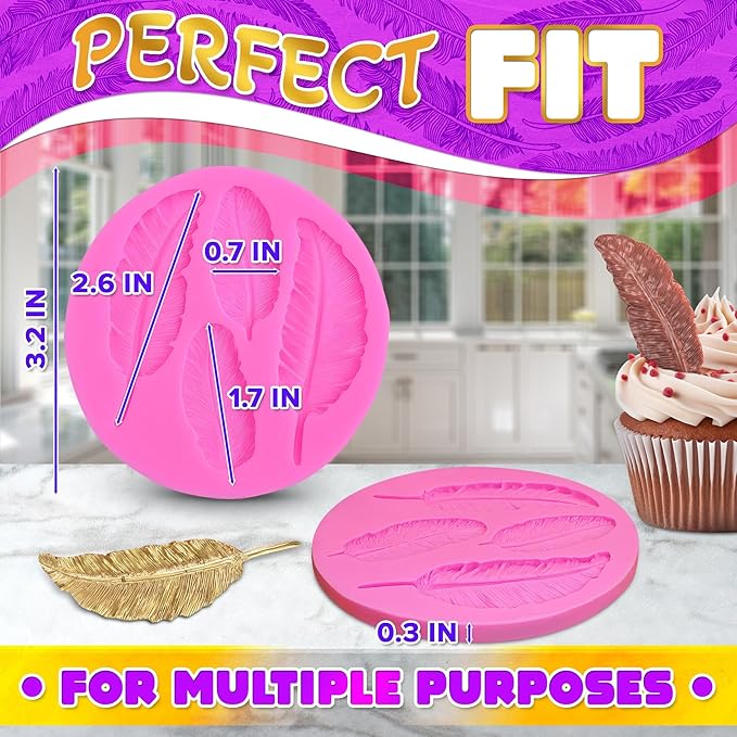 Feather Mold Silicone – Feather Chocolate Mold – 0.3" Thick Pink 3D Design, Different Sizes of Feathers, Easy to Use, Flexible & Reusable, Works with Various Materials | for Pastry Cake Decorations