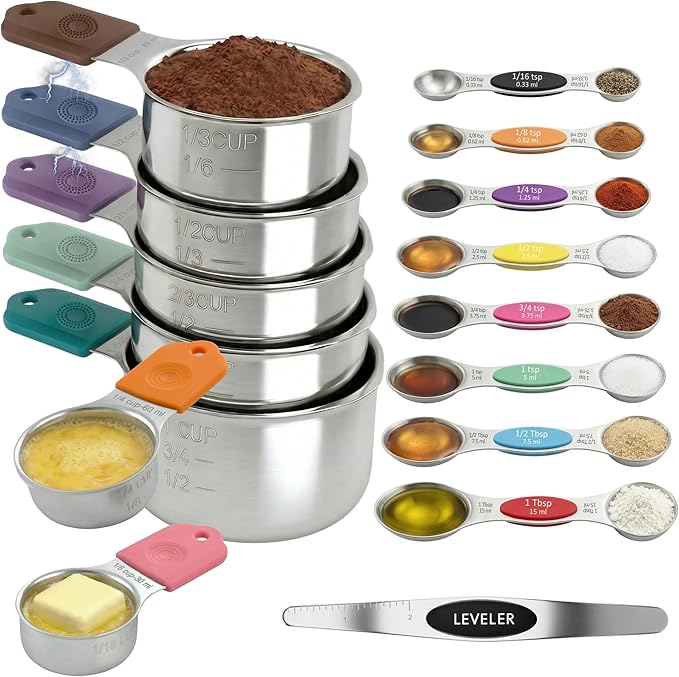 16-Pcs Measuring Cups & Magnetic Spoons Set with Leveler, Food-Grade Stainless Steel, Stackable Design, Silicone Handles, Precise Metal Measuring Cups and Spoons Set for Cooking & Baking (Multicolor)