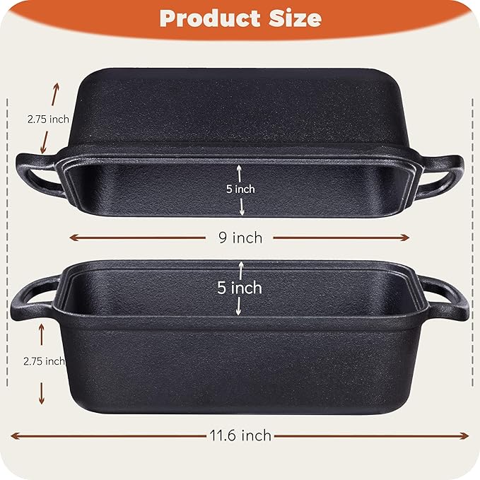 Cast Iron Loaf Pan with Lid 9×5 Inch, Bread Baking Pans, Even Heat Distribution for Sourdough, Pre-Seasoned Dutch Oven Loaf Pan for Homemade Bread