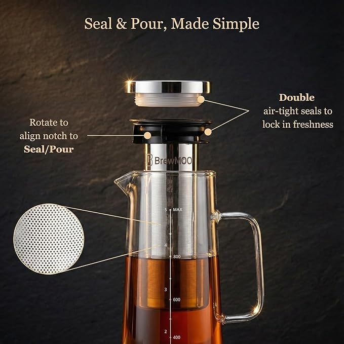 Cold Brew Coffee Maker Pitcher, 1.0L/34Oz Airtight Borosilicate Glass Carafe with 150 Mesh Precision Filter | Barista Grade Iced Coffee Maker, Integrated Glass Handle & Non Slip Base (Grey)