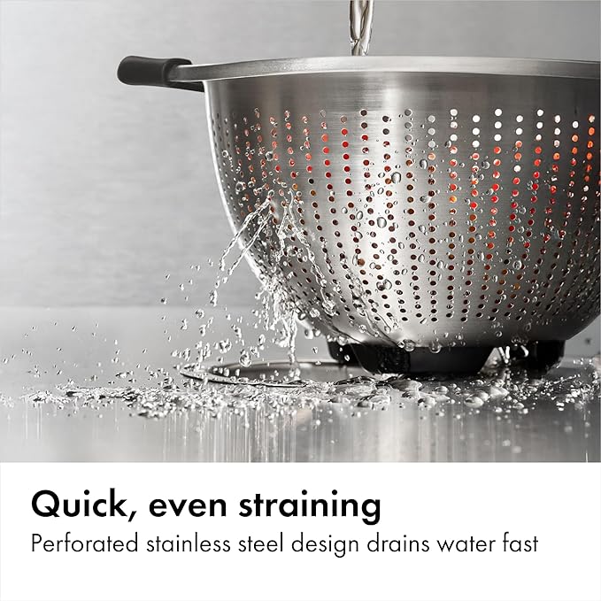 OXO Good Grips Stainless Steel Colander, 5 qt. Capacity, Strainer with Non-Slip Handles, Kitchen Colander for Pasta and Vegetables, Nesting Stainless Steel Strainer and Sieve