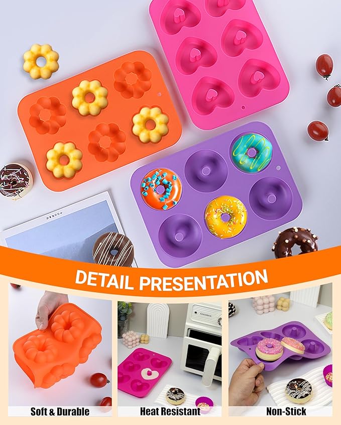 Silicone Donut Pan 3pcs Non-Stick Doughnuts Baking Pans for Donuts, 6 Cavity Heritage Bundtlette Cake Silicone Mold for Baking (Orange+Pink+Purple)