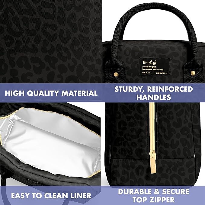 Fit & Fresh Bloomington Lunch Bag for Women - Insulated Large Lunch Box for Work with Containers, Leak-Resistant, Stain-Resistant, Zipper Closure, Black Feline Fine