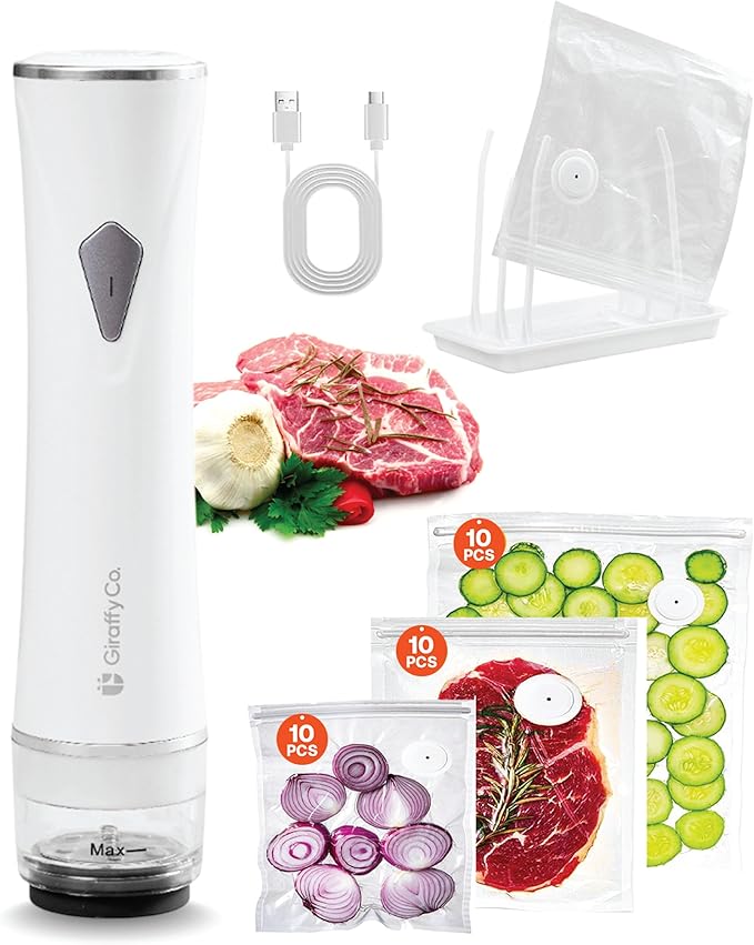 Vacuum Sealer Machine with Visible Water Tank, 30 Reusable Bags (S, M, L - 10 Each), Foldable Drying Rack, and Charging Cable – Compact & Powerful Handheld Food Sealer for Freshness