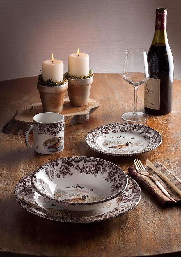 Spode Woodland Canadian Goose Dinner Plate - 10.5 Inch Fine Earthenware with British Flowers Border, Microwave, Oven, Freezer & Dishwasher Safe - Hunting-Inspired Thanksgiving Plate, Made in England