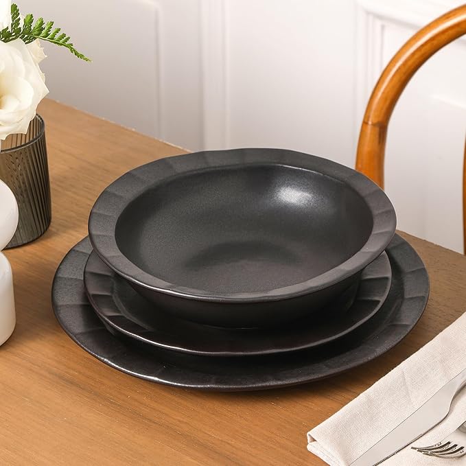 Stone Lain Oasis 12-Piece Dinnerware Set Stoneware, Dishwasher and Microwave Safe Plates and Bowls Set, Dish Set for 4, Black