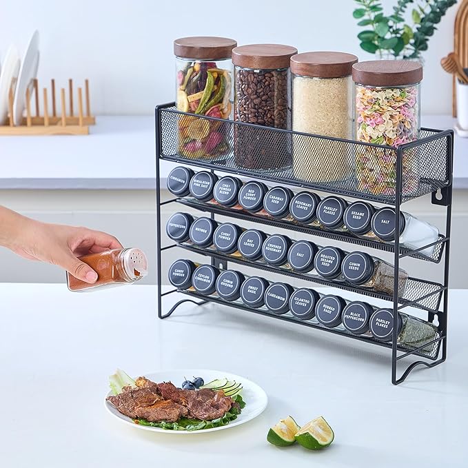 Spice Rack Organizer with 27 Spice Jars with Black Lids, Funnel, Spice Labels, Pen, Seasoning Organizer for Cabinet, Countertop, Pantry, Kitchen,Cupboard or Door & Wall Mount