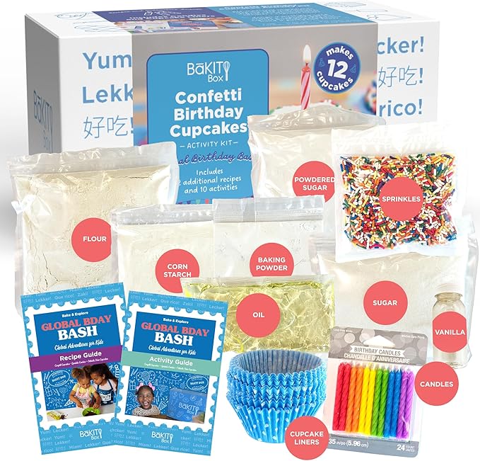 BāKIT Box Confetti Cupcakes Birthday Kit for Kids – Global Celebration Baking Kit – Cupcake Liners & Candles Included – STEM Birthday Activities – Ages 5–13