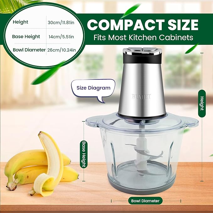 BUMET 2X12-cup bowls 800W Electric Food Processor with LED timer. 3-Tiered 6 Cutting Edges blade for mincing, chopping, Ideal as meat grinder, fresh vegetables chopper, pet food process in kitchen.