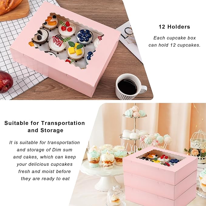 Hoewina 6PCS Cupcake Boxes - Hold 12 Count Cupcake Containers with Window, Food Grade Cupcake Holder Easy Transport and Presentation - Ideal for Cupcakes, Desserts, and More (Pink)