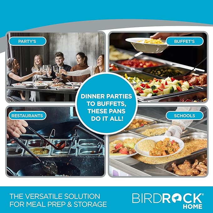 BIRDROCK HOME Stainless Steel Steam Table Pan - Hotel, Restaurant & Catering Supplies - 24 Gauge Steel, 1.2 qt Capacity - Meal Prep, Cooking, & Food Storage Container - 2.5" Depth, 1/6-Size (6 Pack)