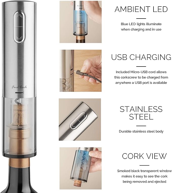 Final Touch Electric Corkscrew with Lithium-Ion Battery | Easy Cork Removal, USB Charging, LED Lights | Stainless Steel Wine Opener for Home and Parties (WO3032)