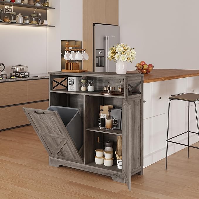 Befrases Tilt Out Trash Can Cabinet for 13 * 1 Gallon Trash Can, Farmhouse Kitchen Island Cabinet with Adjustable Shelf for Hidden Laundry Basket, Dog Proof Garbage Can for Dining Living Room, Grey