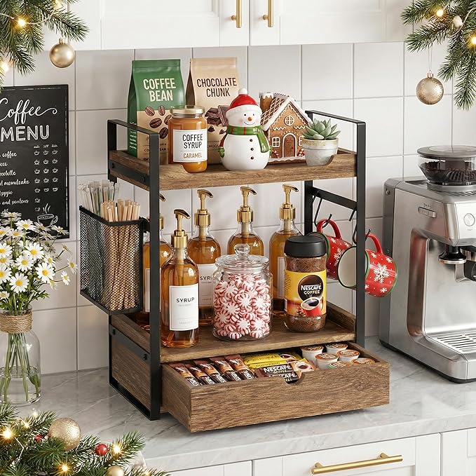 Coffee Station Organizer Countertop, Wooden Coffee Bar Accessories Organizer with Basket, 2 Mug Holder Hooks and Pod Drawer, Multifunctional 2 Tier Countertop Organizer for Kitchen, Bathroom, Office