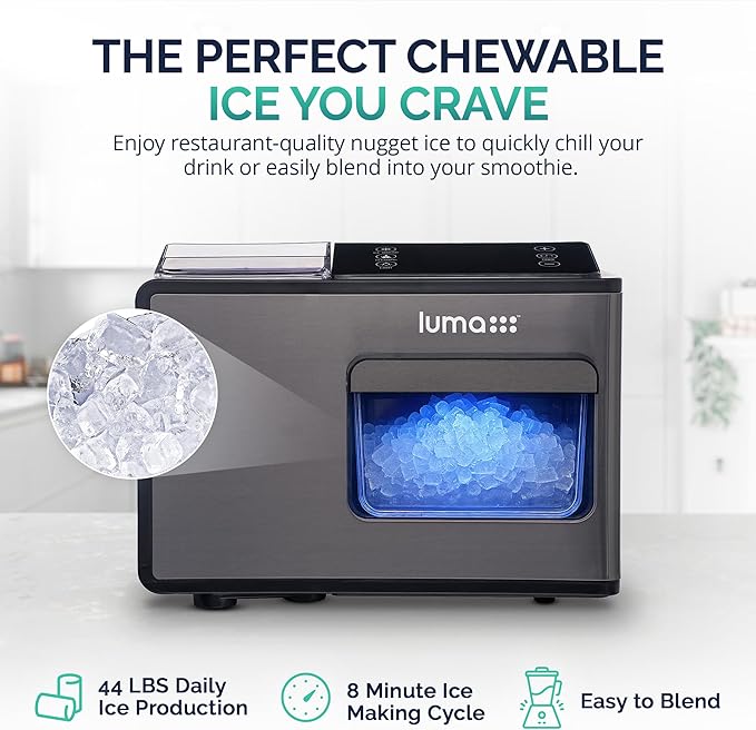 Luma Nugget Countertop Ice Maker, 44 lbs in 24 Hours, Black Stainless Steel Ice Machine, Perfect for Home Bar, Kitchen Countertop, RV, Home Office