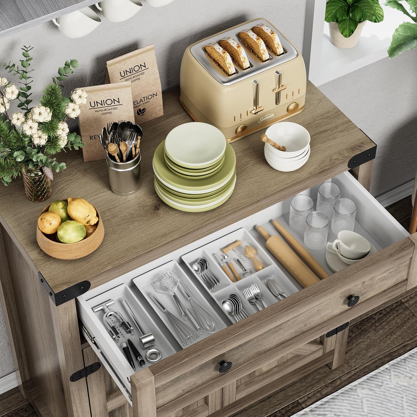 YESHOMY Farmhouse Coffee Bar Cabinet Sideboards, with Barn Doors, Spacious Drawer, Adjustable Interior Shelf, Generous Top Surface, for Kitchen, Bathroom, Entryway, Living Room, Pure Rustic