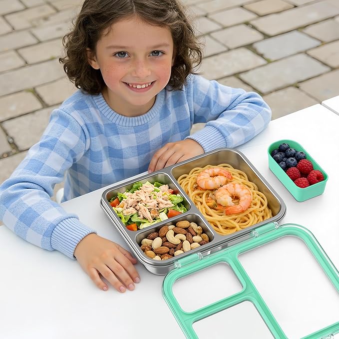 Stainless Steel Bento Box for Kids, 3-Compartment Metal Lunch Box with Clear Lid & Removable Silicone, Lunch Box Kids with Silicone Inner Container for Meal Prep, School, Office (Blue)