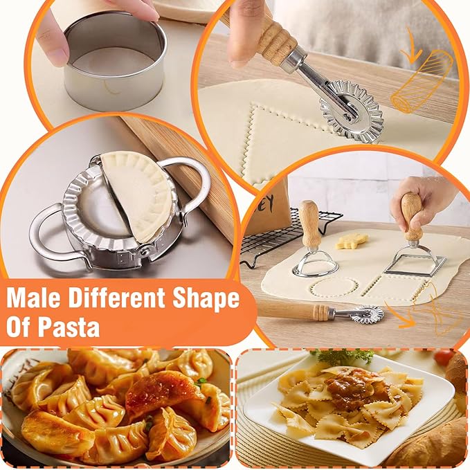10 Pcs Pasta Making Tools, Pasta Making Kit with Pasta Drying Rack,2 Rolling Pins,Gnocchi Board,Pasta Cutting Tools,2 Ravioli Makers,Making Dumplings.All-in-One Pasta Making Accessories for Home