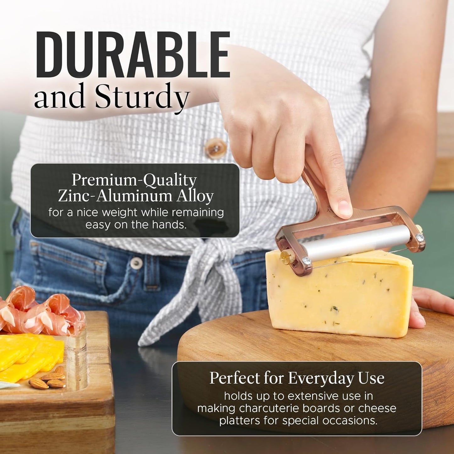 Zulay Adjustable Cheese Slicer - Wire Slicer For Mozzarella, Cheddar, Gouda - Heavy Duty With 2 Extra Wires (Copper)