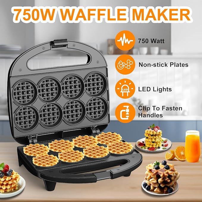 Mini Waffle Maker, Small Waffle Iron with Quick Heat-Up, Makes 8 x 2” Tiny Waffle Bites for Kids, Locking Buckle & Cool Touch Handle, Nonstick Plates, Perfect for Breakfast, Brunch, Desserts & Snacks