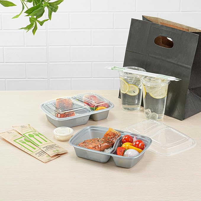 Restaurantware-Asporto 26 Ounce Compartment Take Out Boxes, 100 Microwavable Meal Prep Containers - 2 Compartments, With Clear Plastic Lids, Silver Plastic Food Containers, Do Not Contain BPA