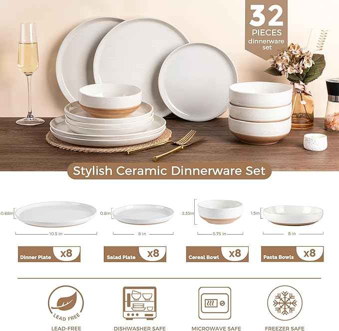 AmorArc Ceramic Dinnerware Sets with Pasta Bowls for 8, Handpainted Plates and Bowls Set with Rustic Terracotta Underside, Scratch Resistant Dishes Set, Dishwasher & Microwave Safe, 32 Pcs