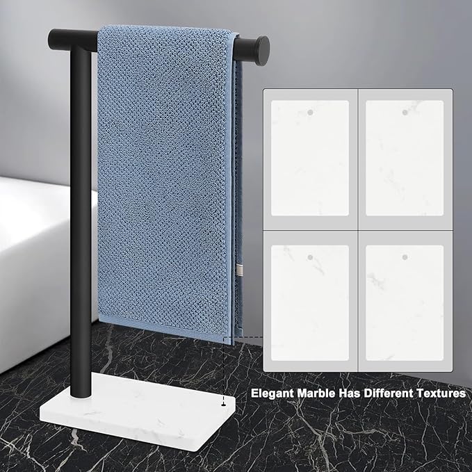 Hand Towel Holder, Hand Towel Stand for Bathroom with Marble Base, 304 Stainless Steel L Shape Hand Towel Rack Bar Standing for Vanity Kitchen Countertop, Matte Black