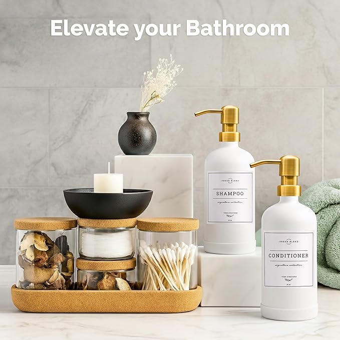 Vine Creations Glass Soap Dispenser, 2 Pack Kitchen Soap Dispenser Set with Stainless Steel Pump, 16 oz Dish Soap and Hand Soap Dispensers for Bathroom with Waterproof Labels (White)