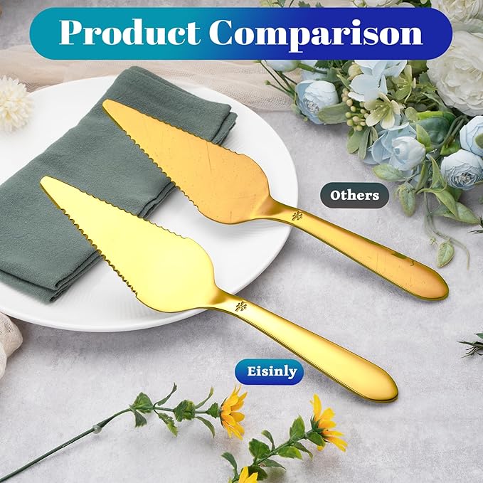 Eisinly Cake Pie Server Set for Wedding, Elegant Pizza Slicer Server Set with Stainless Steel Big Serrated Edges, Cake Cutter Pie Spatula for Birthday Anniversary, 2 Pcs, Gold