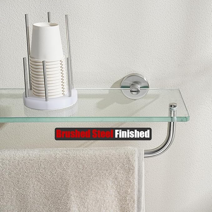 JQK Bathroom Glass Shelf, Shelf with 19 Inch Towel Bar Tempered Glass Shower Storage 20 by 5 inches, 304 Stainless Steel Brushed Finish Wall Mount, TGS100L20-BN