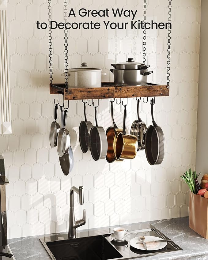 CHOEZON Hanging Pot Rack, Vintage Pot Hangers for Kitchen, Ceiling Mounted Pot Rack, Pot and Pan Hanging Rack with 12 S-Shaped Hooks, for Cookware Storage, Rustic Brown and Black TPR01BF