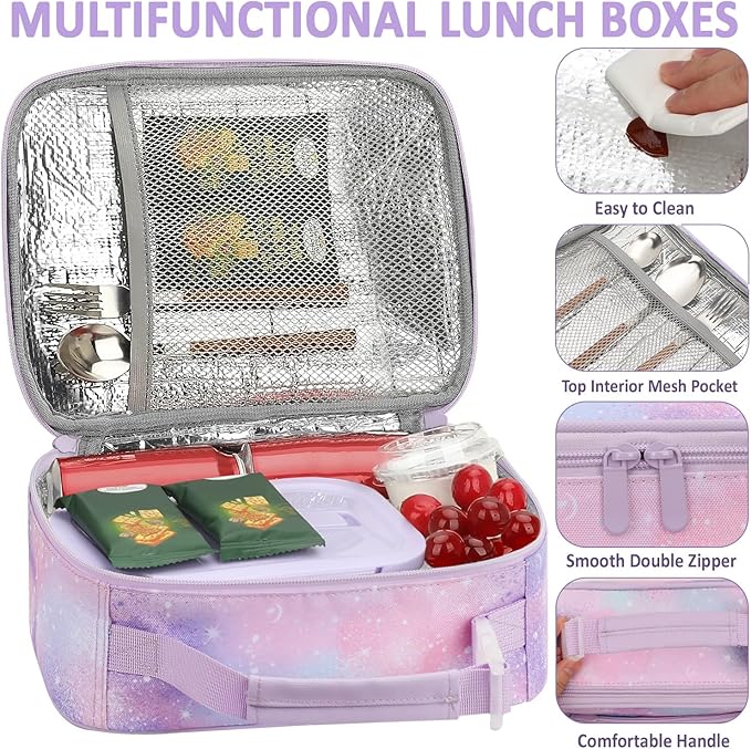 Lunch Box Kids Insulated Lunch Bag for Boys Girls Cute Reusable Lunch Tote Bag Waterproof Portable Thermal Lunch Box Kids for School Picnic Travel Light Purple Starry Sky