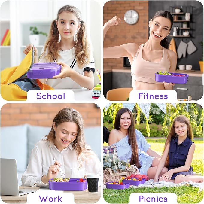 Lunch Box Kids Adult Bento Box Bento-Style Lunch Box 1300ml Ideal Portion Size Leak Proof for Teens Toddlers, BPA Free Lunchbox Containers for School Work Picnic (Purple)